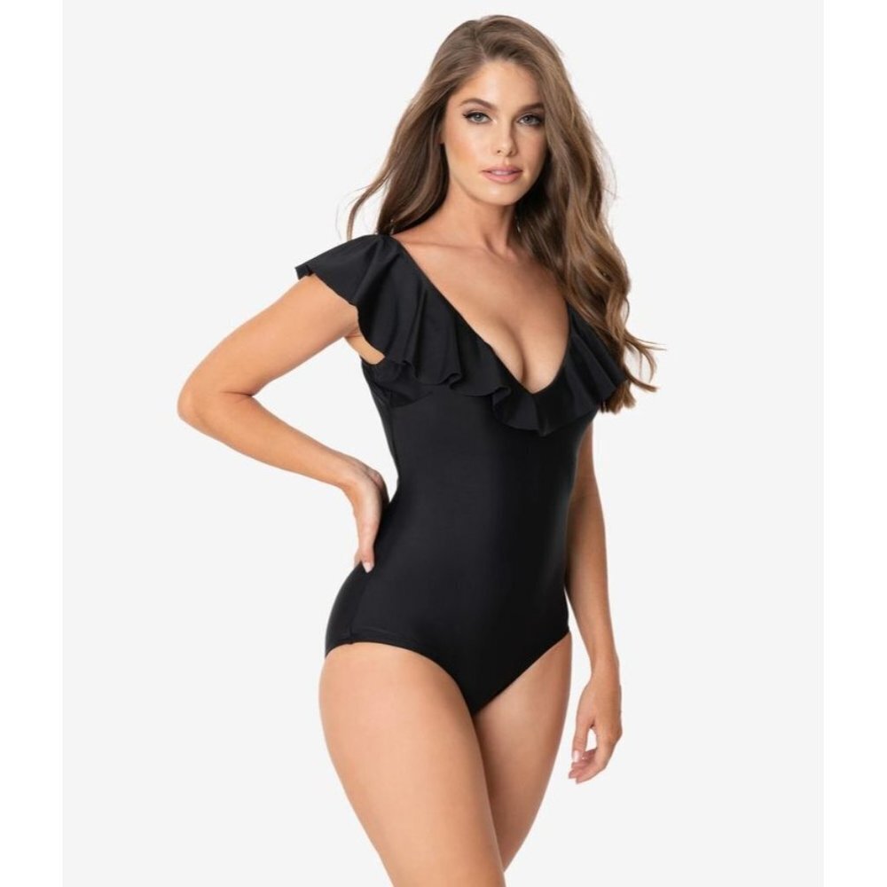 NWT Unique Vintage Black Ruffle Newport One Piece Swimsuit XS